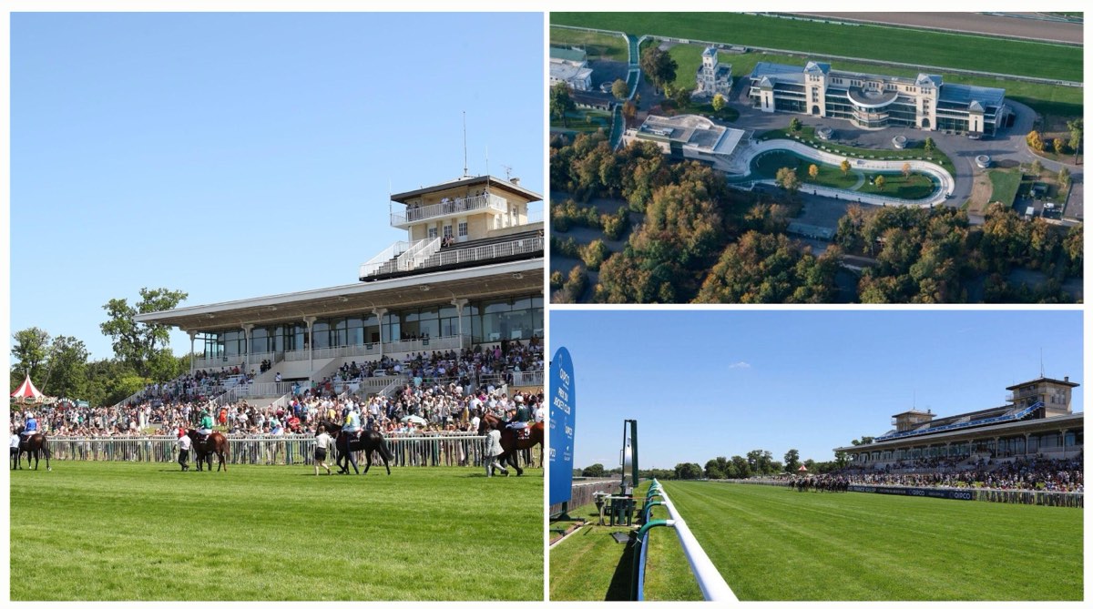 L’hippodrome de Chantilly : jour de course, vue aérienne et tribunes.