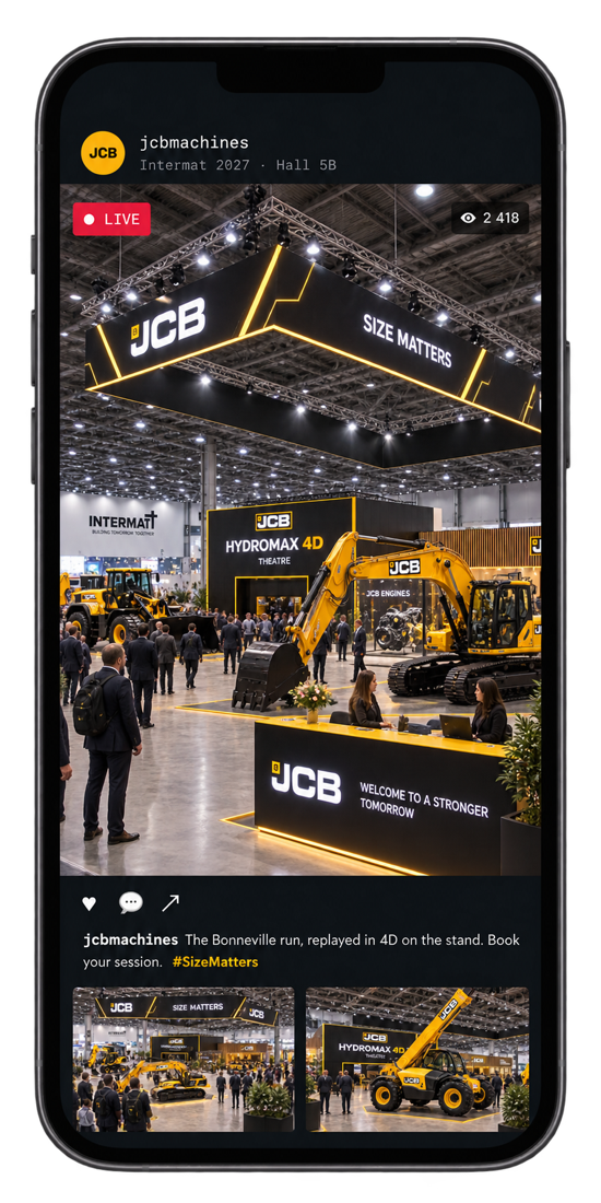 Maquette de publication sociale : diffusion en direct depuis le stand JCB, avec compteur de spectateurs.